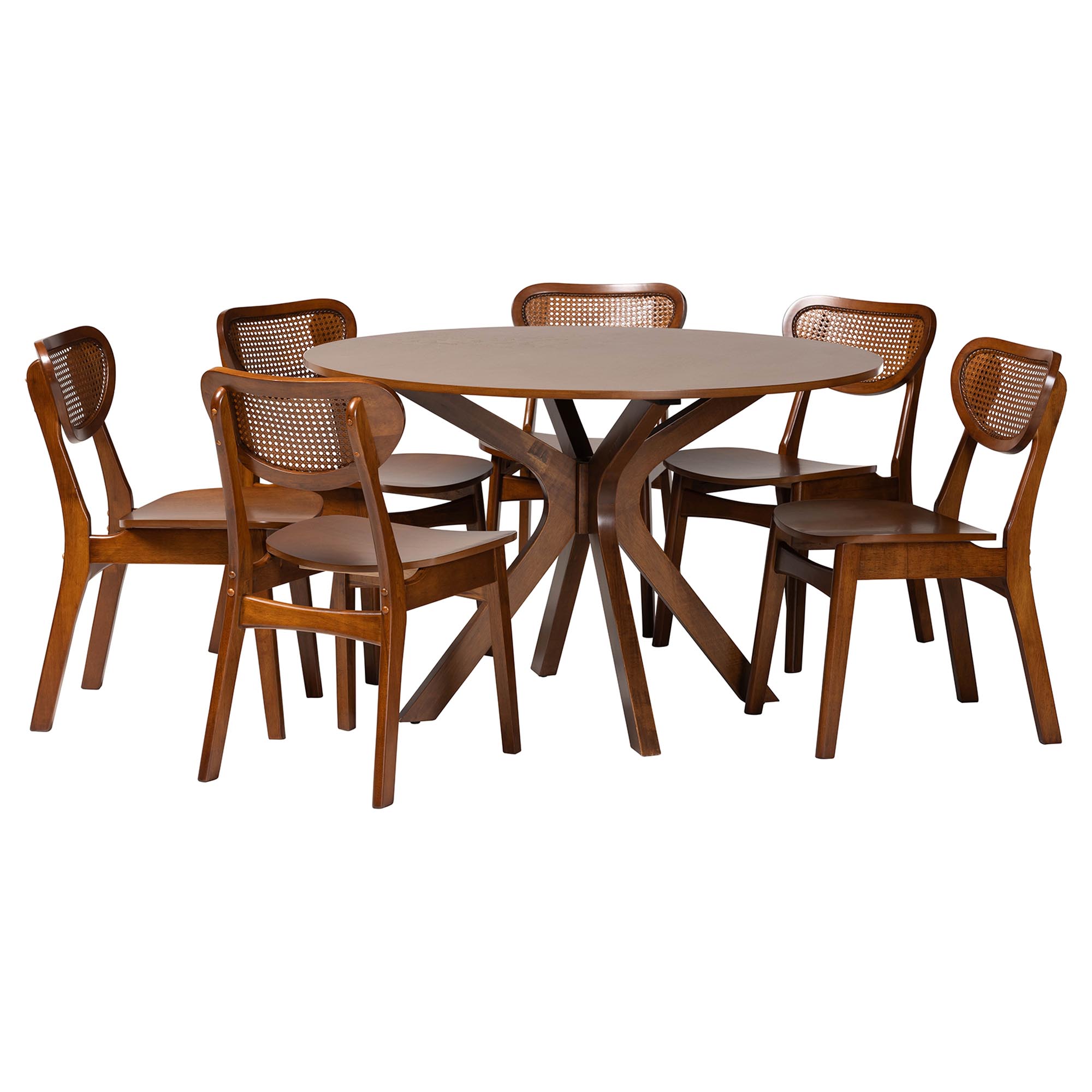 Baxton Studio Giuliana Mid-Century Modern Walnut Brown Finished Wood and Woven Rattan 7-Piece Dining Set